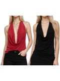 Women’s Summer Solid Color Studded Halter Tank Tops Fashionable Slim Fit Cowl Neck Backless Vest