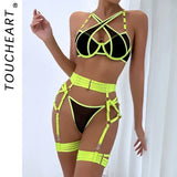 Toucheart Sexy Floral Embroidery Underwear Steel Ring Bra Lace Mesh Sexy Webbing Hollow Waistband Hanging Erotic Lingerie Suit