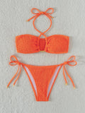 Halter Tie Side Pleated Smocked Bikini Women Bandeau Swimsuit Female Swimwear Two Pieces Bikini Set Bathing Suit Swim Beach Wear
