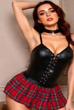 New Sexy Uniform Waist Protection Ultra Short Dress Sexy Black Leather Corset With Plaid Dress For Women Pure Desire Casaul CNI0