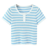 Blue And White Striped Henley Neck Knit Top Casual Short Sleeve Ribbed T Shirt For Women Summer Daily Wear Casual Fashion VGK2