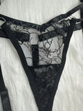 French sexy halterneck embroidered mesh see-through patchwork sexy underwear panties garter set