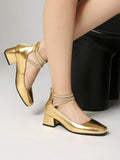 Metallic Silver Gold Women Mary Jane Pumps Square Toe Block Heel Crisscross Ankle Strap Back Zipper Elegant Party Dress Heels
