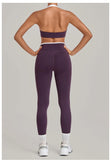 2 Pieces Color-block Yoga Sets Women  Hanging Neck Sports Bra High Waist Pants Built-in Pockets Outdoor Fitness Workout Suit