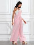 Women Fashion Jumpsuits Sleeveless Buttons Suspender Wide Leg Pant Overalls with Pockets Casual Loose Romper Streetwear