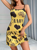 Women Summer Camisole Nightgown Backless Heart LOVE Print Soft Breathable Sleepwear Ruffle Hem Round Neck Night Dress