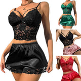 2 Pcs/Set Women Pajama Set Hollow Out Lace V Neck Sleeveless Crop Top High Waist Satin Shorts Anniversary Sleepwear Outfits
