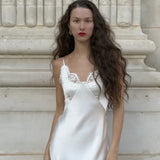 Women's Fashion Casual Style Satin Ice Silk Strap V-Neck Dress Pure Desire Dress Elegant White Satin Lace Trim Dress Party 6TFA
