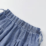 Womens Loose Fit Denim Shorts Drawstring Elastic Mid Rise Pleated Wide Leg Short Pants Casual Stylish Summer Skorts