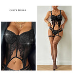 Sexy Shinestone Underwire Padded Bodysuits With Garter Belt Fishnet Transparent Backless Deep V Sleeveless Bodysuits Charm 0ZYL