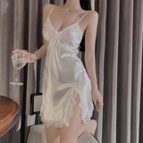 Sexy Lace V Neck Lingerie Dresses Women Night Dress Satin Sleepwear Lace Up Sleepwear Sleeveless Night Gown Bathrobe Nightdress