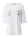 Women Oversized Short Sleeve T-shirt Sparkle Shell Embroidery Loose Shirts Summer Daily Casual Baggy Tops