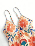 S - XL New Floral Printed With Skirt Women Swimwear V Neck High Leg Cut Bather Bathing Suit Swim One Piece Swimsuit Female K8041