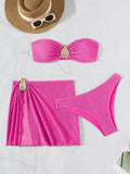 With Skirt Wrinkled Bandeau Bikini Female Swimsuit Women Swimwear Three-pieces Bikini Set Metal Ring Bathing Suit Swim Beachwear
