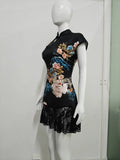 New Chinese style cheongsam hip-covering skirt Royal sister style tight lace national style printed fashion dress