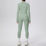 New Women Yoga Set Solid Color Double-Sided Brushed Bare Feel Short Long-Sleeve Jacket Tight Pants Running Fitness 2-Piece Set