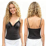 Women Retro Stylish Camis Dots Print Lace Trim Sleeveless V Neck Slim Fit Tank Tops Spaghetti Strap Vest Summer Daily Casual