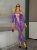 Long-sleeved Ripped Purple Charming Sexy Strapless Hollowed-out One-piece Mesh Outfit Transparent Off-the-shoulder Bodysuit 9UM7