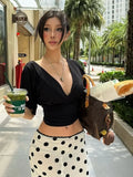 FDYOUI Woman Clothes V-neck Half Sleeve Cropped T-shirts Fashion Lace-up Backless Solid Corset Tops Y2K Streetwear Lady T Shirt