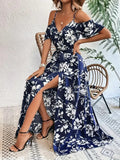 New Summer Women Print Dress 2025 Fashion Elegant  Vacation Party Short Sleeve Slim V-neck Slit Long Dresses Vestidos Para Mujer