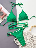2026 Sexy Bikini Women Swimwear Swimsuit Green Hollow Triangle Halter Pearl Buckle Bikinis Set Bathing Suit Beach Bikini Female