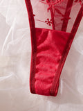 Red French Lace Embroidery Bra Set with Garter Belt Three-Piece Ensemble Sexy Underwear for Women