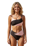 Women's Two Piece Bathing Suits Sleeveless Contrast Color Cami Tops High Waist Thong Sets Summer Holiday Bikini Sets