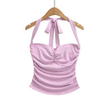 New Women's Fashion Sexy Backless Halter Neck Tie-up Ruched Tube Top Ultra-short Camisole Top In Solid Color Pure Desire F1MR