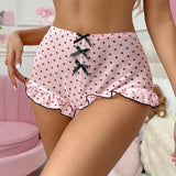 Women Cute Mini Pajama Bottoms Summer Elegant Dots Print Bow Slim Fit Ruffled Shorts for Party Romantic Nights Wear