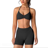 2PCS Backless Sports Bra High-Waisted Yoga Shorts Set Sexy Neck Hanging Design Abdomen Hip Lifting Fitness Outfit