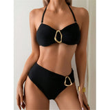 S - XL Metal Ring Halter Female Swimsuit High Waist Bikini Women Swimwear Two-Pieces Bikini Set Bather Bathing Suit Swim V6933
