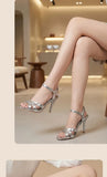 2026 Summer New Women's Metallic High Heel Sandals Ankle Strap Crystal Buckle Stiletto Heels Sexy Party Wedding Prom Dress Shoes