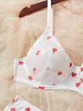 White Heart Print Lace Trim Underwear Set Women's Lingerie Bra And Panty Set For Valentine's Day