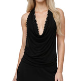 Women’s Summer Solid Color Studded Halter Tank Tops Fashionable Slim Fit Cowl Neck Backless Vest