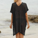 Short Sleeve V Neck Hollow Out Crochet Knitted Tunic Beach Dress Beach Wear Beachwear Beach Cover Up Cover-upsFemale Women V8061
