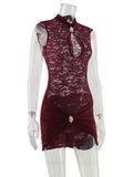 Ahagaga Sexy Club Women's Mini Dresses Lace Patchwork Hollow Out Sheath Slim Fit Half High Collar Folds Bodycon Streetwear Trend