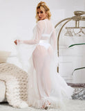 White Mesh Long Robe for Women Sexy See Through Sleepwear Plus Size Ruffled Belted Nightgown Lingerie