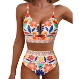 Women Sexy Floral Bikini High Waist Tummy Control Floral Bikini U Line Cross Back Padded Bikini Two Piece Beach Swimsuit