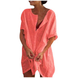 Cotton Linen Breathable And Comfortable Mid Length Oversized Button Down Half Sleeve O-neck Cardigan Casual Beach Suncreen Top