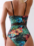 S - XL Floral Leaves Print Underwired Bra Cup Women Swimwear One Piece Swimsuit Female Monokini Bandeau Bathing Suit Swim Lady