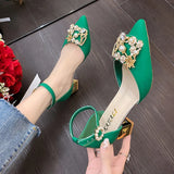 ZOKI Fashion Pearl Buckle Square Heels Pumps Women Pointed Toe Bling Crystal Party Shoes Woman Elegant Med Heels Bride Shoes