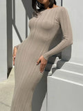 Women Spring Autumn Solid Color Bodycon Knit Dress Long Sleeve Crew Neck Ribbed Dress Slim Fit Long Dress