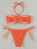 Halter Tie Side Pleated Smocked Bikini Women Bandeau Swimsuit Female Swimwear Two Pieces Bikini Set Bathing Suit Swim Beach Wear