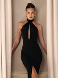 Ahagaga Sexy Halter Women's Maxi Dresses Solid Hollow Out Sheath High Split Party Backless Elegant Tight Fitting Hip Hugging