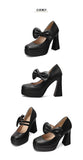 Plus Size Women's Bow Mary Janes Platform Chunky Heels Ankle Strap High Heel Pumps Sweet Lolita Party Dress Shoes