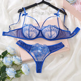 Royal Blue Floral Lace Lingerie Set Sheer Mesh Underwire Bra With Bow & Thong Women Sexy Underwear ZA824057
