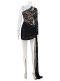 Ahagaga Sexy Sheer Women's Mini Dresses Lace Solid Sheath Long Sleeves One Shoulder Ribbon Sheath Slim Fit Streetwear Vestidos