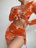 2026 Summer Women's 4 Pieces Suit Swimwear Neck Lace-up Bikini Set+crop Top+skirts Floral Print Gauze Swimsuit Beachwear Biquini