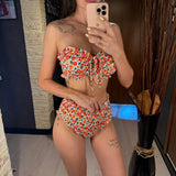 Flowers Printed Bandeau Female Swimsuit High Waist Bikini Women Swimwear Two-pieces Bikini set Bather Bathing Suit Swim V6613