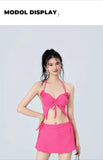 Vacation Beach Ins Rose Red Bikini Three Piece Swimsuit Women's Small Chest Internet Famous Swimsuit Butterfly Sexy Spicy Girl